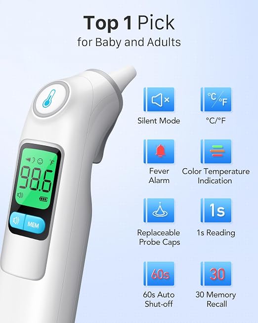 Femometer Family Ear Thermometer for Adults and Kids, White | 1s Fast Accurate Reading, 30-Memory Recall, 3-Color Fever Alert, ℃/℉ Switchable, Silent Mode, with 24 Disposable Probe Covers