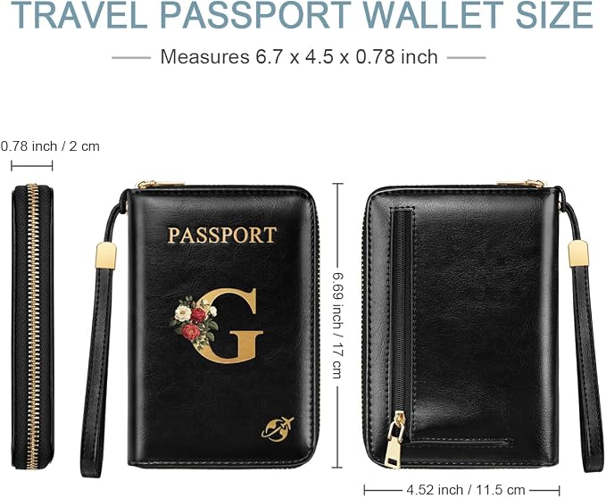 Passport Holder for Travel Personalized Wallet with Wristlet Women | Passport Cover, RFID Blocking, Passport Book Holders, Back Coin Pocket, Zipper Closure, Roses Initial Letter, Black G