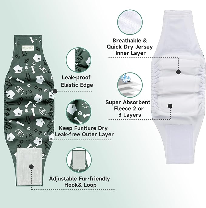 wegreeco Washable Male Dog Belly Band (Stylish Pattern) - Pack of 3 - Dog Diapers Male - Washable Male Dog Belly Wrap (Bones & Footprints, Large)