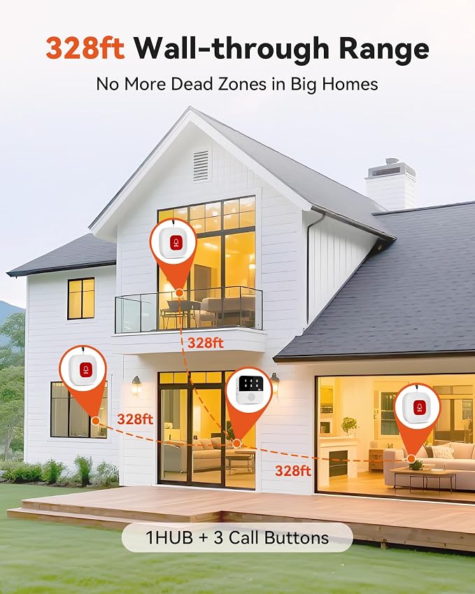 PILSAMAS WiFi Caregiver Pager Wireless Call Button, 1 Hub + 3 Panic Buttons | No monthly fee app alert, Caller ID display, IP65 waterproof, Emergency alert button for elderly at home & nursing care