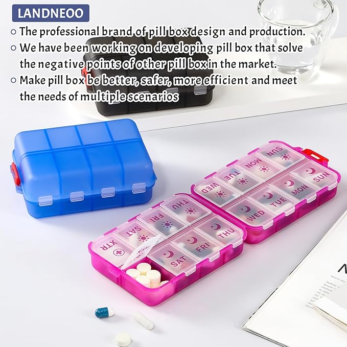 Foldable Weekly Pill Organizer 2 Times a Day with 2 Extra Compartments - Etched Label - Portable 7 Day AM PM Medicine Box, Week Daily Travel Pill Case Holder for Meds, Vitamin, Supplement, Clear Black
