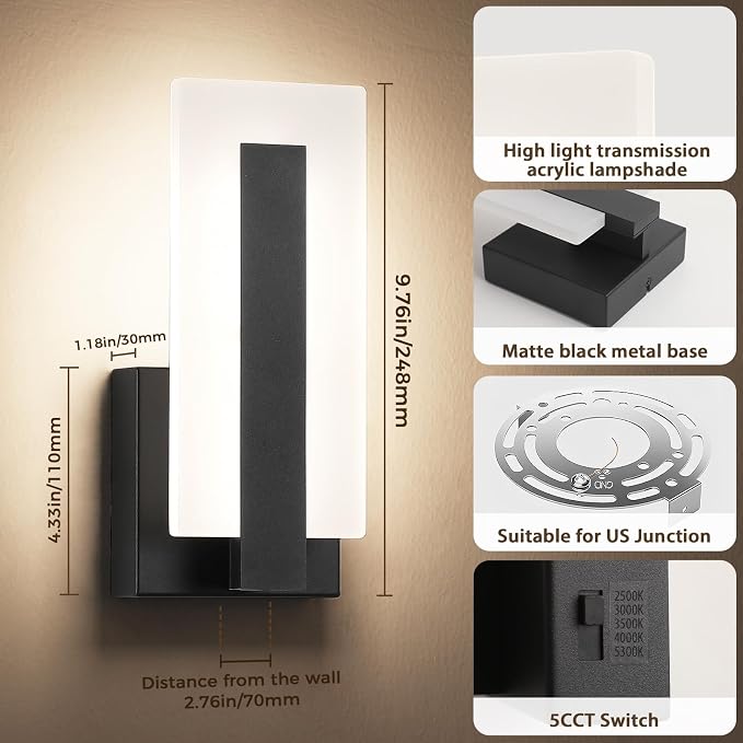 Joosenhouse Modern Black Wall Sconces Set of 2, ETL Certified, 5 CCT Selectable and 10%-100% Dimmable Indoor Hardwired Wall Lighting for Bedroom, Bathroom, Hallway, Living Room