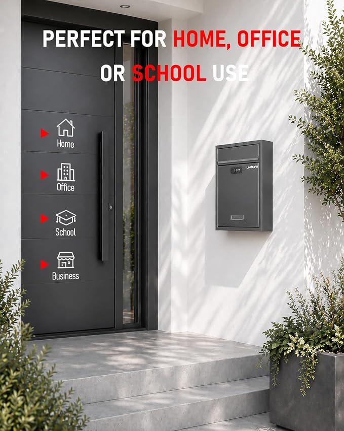 Uniclife Wall Mount Mailbox for Outside, Large Locking Mailbox, Black | Security Mail Box with Combination Lock, Safe Key Drop Box, Post Box, Steel Cash Drop Box for Home Office School