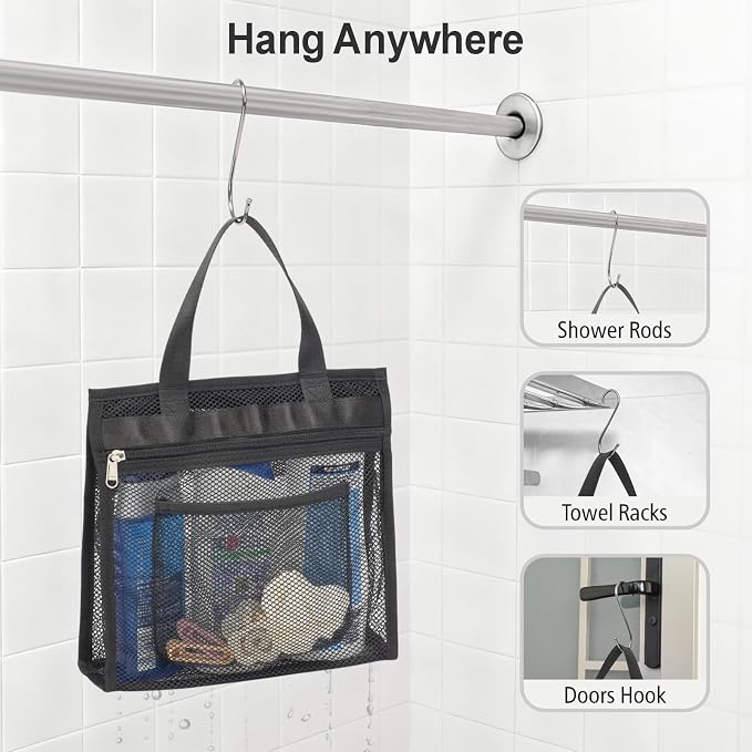 Small Mesh Shower Caddy Portable - Zipper Gym Shower Bag for Travel, Black | 3 Pockets, Quick-Dry Mesh, S-Hook, Hanging Shower Caddy for Toiletry Essentials, Bathroom & Camping