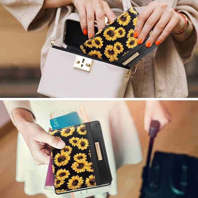 Coco Rossi Passport Holder for Travel Women Slim RFID Passport Cover Wallet | Travel Essentials, Passport Book Holders, Passport Wallet Cover Case, PU Leather, Cute, Thin, Spliced Design, Sunflower