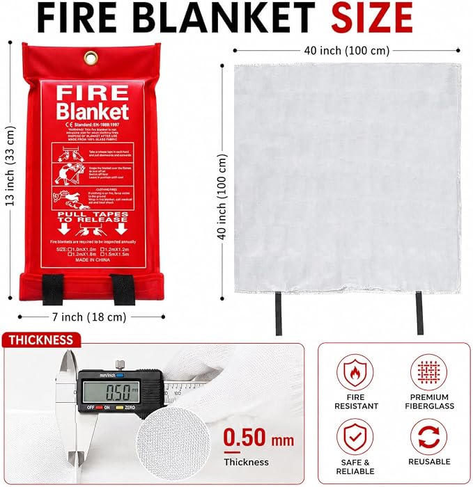 4 Pack,40"x40",Emergency Fiberglass Fire Blanket,Fire Suppression,Hooks | Easy Pull Tabs,No Mess After Use,No Expiration,Quick Emergency Response,Compact,Reusable,Kitchen,Grill,Camping,RV,Home,Garage