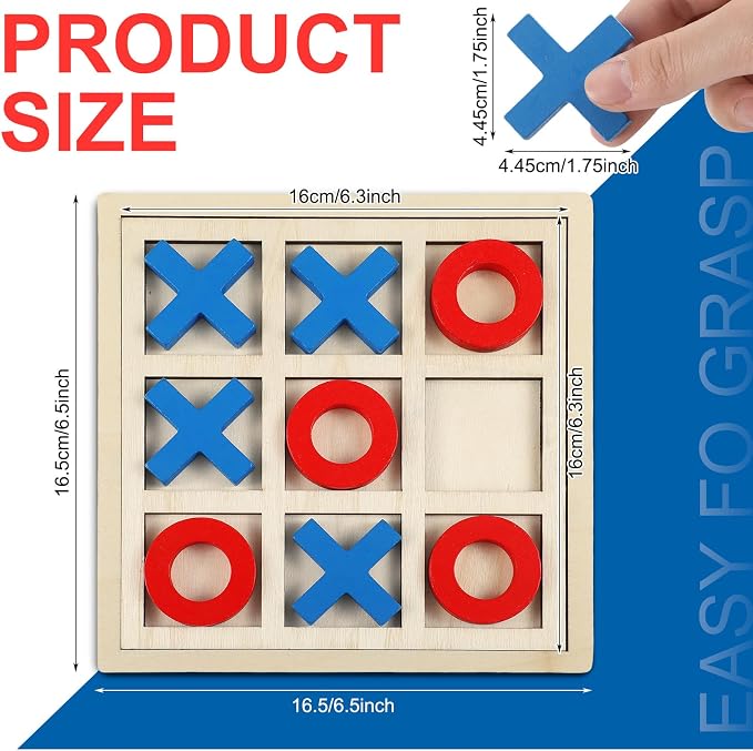 Seenelling Jumbo Wooden Tic Tac Toe Game Dementia Activities for Alzheimers Seniors with Matching and Puzzle Templates XO Chess Board Game for Elderly Engaging Table Decor(Blue, Red)
