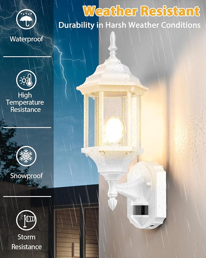 Redluck Motion Sensor Outdoor Wall Light Fixtures, 2 Pack Outdoor Wall Lamp | Dusk to Dawn, Anti-Rust, Waterproof Aluminum Frame, Tempered Glass & Classic Exterior Porch Lights for House Garage, White