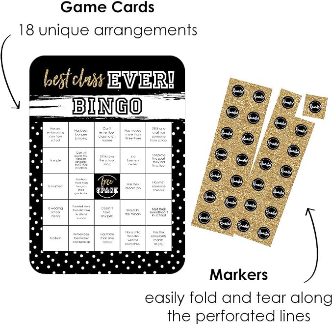 Big Dot of Happiness Reunited - Classmate Bingo Cards and Markers - School Class Reunion Party Bingo Game - Set of 18