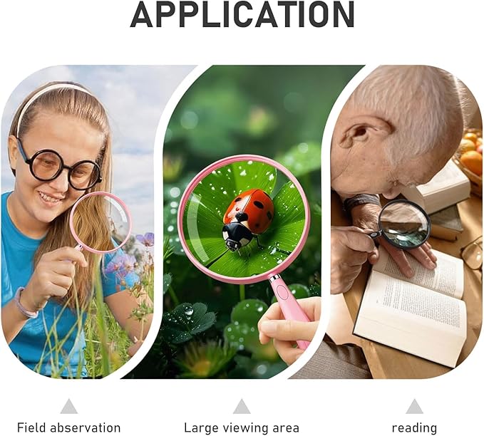 Feosky Handheld Reading Magnifier, 10X Magnifier, 130mm Shatterproof Lens, Non-Slip Handle for Adults Close Work, Seniors Reading and Nature Exploration, Hobby Observation(Pink)