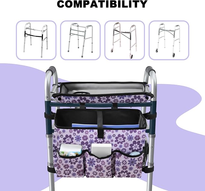 Walker Basket with Tray, Walker Tray for Folding Walker, Walker Accessories for Seniors, Non-Slip Surface, Universal Fit for Standard Walkers, Ideal for Meals, Drinks & Reading (Purple)