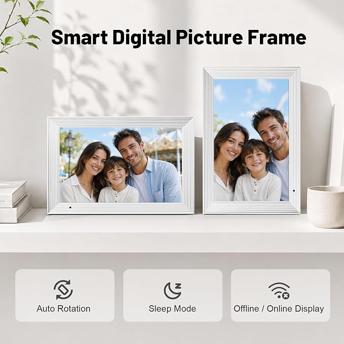 AEEZO Digital Picture Frame, 10.1'' WiFi Electronic Photo Frames with 32GB Memory, 1280 * 800 IPS HD Touch Screen, Auto-Rotate Easy Setup via AiMOR APP, Gifts for Parents and Grandparents White