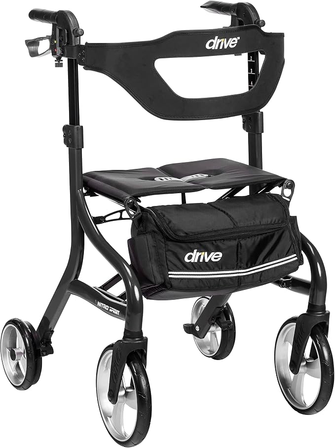 Drive Medical Nitro Sprint Rollator Walker with Seat, Tall Size, Black | Lightweight Rollator with Large Wheels Offers Compact Folding Design for Tall Size Everyday Comfort Use