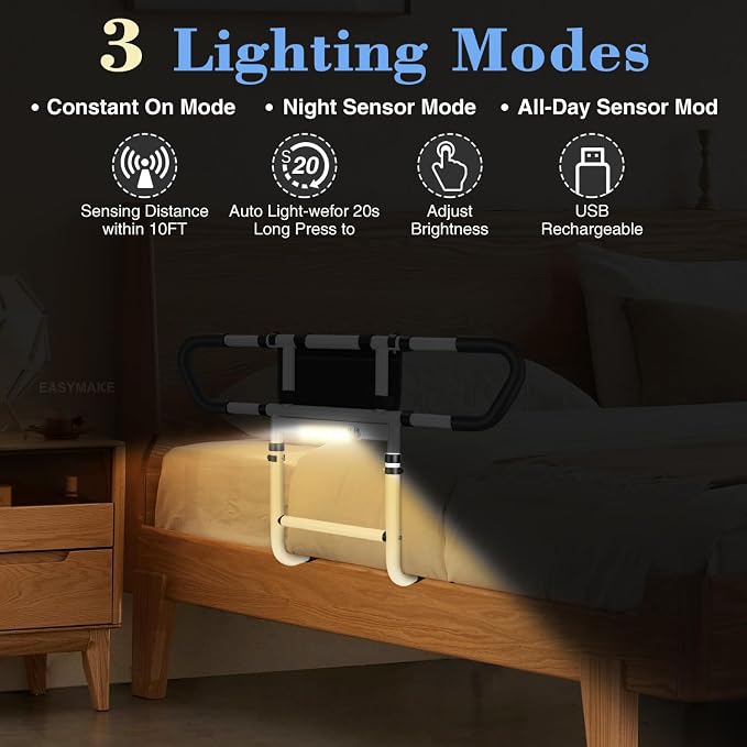 Bed Rails for Elderly Adults, Bed Handrails Grab Bar with Pouch | Fits Twin/Full/Queen/King. Heavy-duty steel, 400-lbs. Non-slip grip. Tool-free install either side. Ideal for seniors