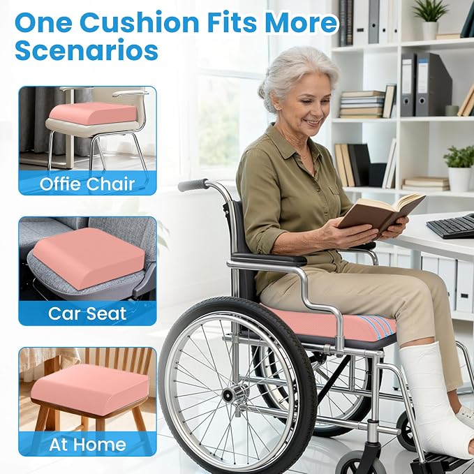 Wheelchair Seat Cushion for Pressure Relief, Cooling Gel Memory Foam Chair Cushion with Slope-Edge Design, Coccyx Support for Tailbone Pain, Non-Slip, for Wheelchairs, Office Chairs & Car Seats, Pink