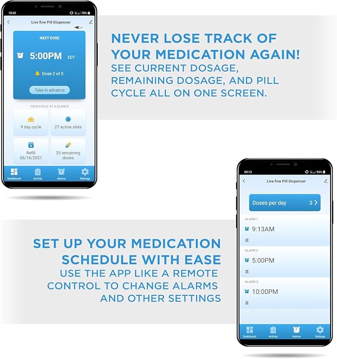 LiveFine Bluetooth Pill Dispenser, 9 Dosage Rings, 28-Day, Frosted Lid | Free app control with sound and light alerts, secure key lock, quick-press latch - trusted by seniors, arthritis sufferers.