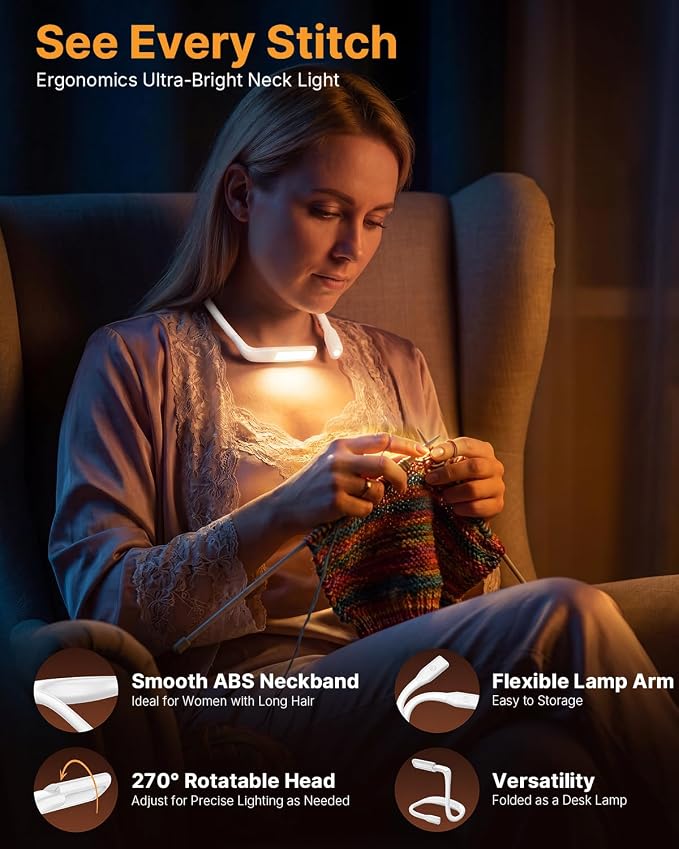 Reading Light with Storage Case, Dimmable Book Light for Reading | 3 Color, Eye-friendly, Ergonomic, 80H Rechargeable Neck Lamp for Reading in Bed, Knitting Crochet Tools Cross Stitch Supplies