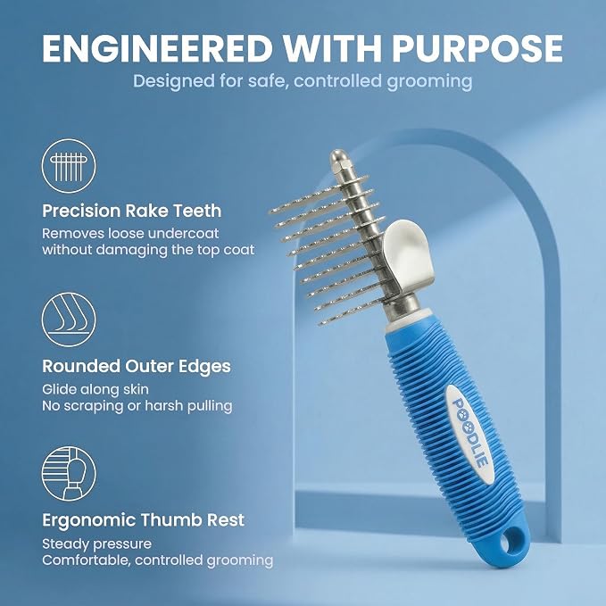 Poodle Dematting Fur Rake Comb Brush for Dogs and Cats - Long 2.5" Steel Safety Blades Metal Comb for Detangling Matted or Knotted Undercoat Hair
