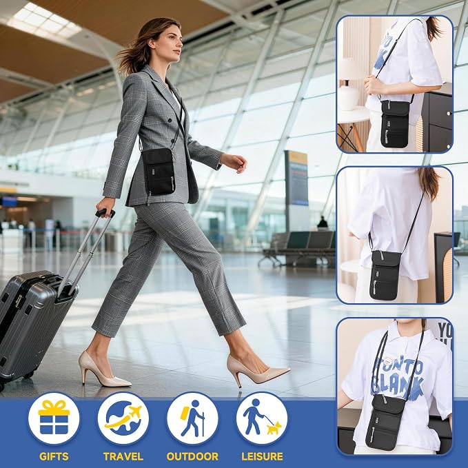RFID Blocking Passport Holder for Travel Neck Wallet with Adjustable Lanyard 6 Compartments Pouches Passport Wallet for Family (Black)