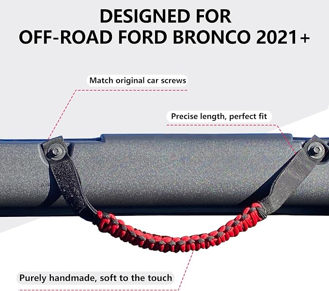 sukemichi Roll Bar Grab Handles for 2021-2026 Ford Bronco 2/4 Door, Red | Paracord handles grab,Fits Bronco 2021-2026 hard & soft top,Off-road safety grip handle,Work with airbag,Not for Sport,4 Pack