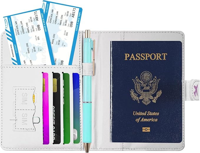 Passport Holder, Cute Travel Wallet Cover with RFID Blocking, | PU leather travel wallet with magnetic closure, card slots, pen loop, and easy access for passports and essentials.