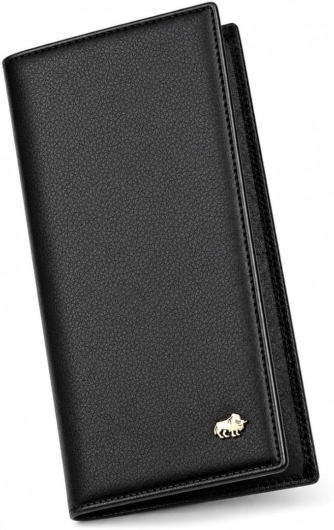 BISON DENIM Long Wallet for Men, RFID Leather Bifold, 12 Card Slots, Black | mens long bifold wallet checkbook billfold credit card holder id window zipper coin pocket slim cowhide purse organizer