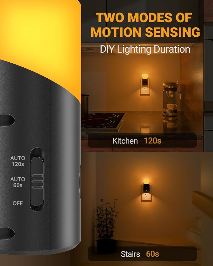 Lyridz Amber Night Light with Motion Sensor, 1-150LM Dimmable Plug-in Nightlight Indoor for Bedroom, Bathroom, Hallway, Stairs, Pet House, Toilet, 2 Pack