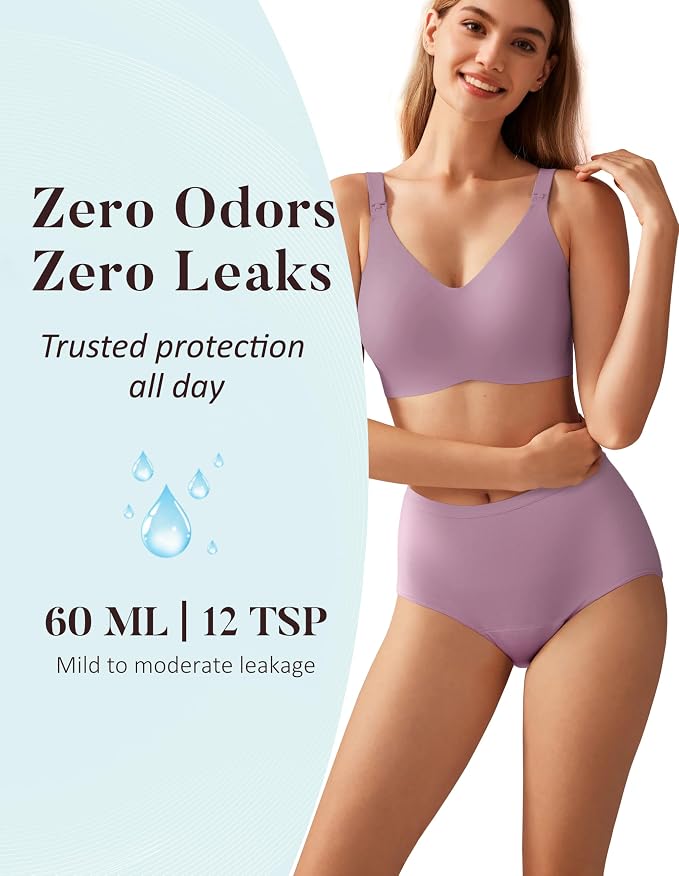 AIRCUTE Washable Urinary Incontinence Protective Underwear for Women Leak Proof Absorbent Reusable Panties 60ML 1 Pack (Lilac, Large)