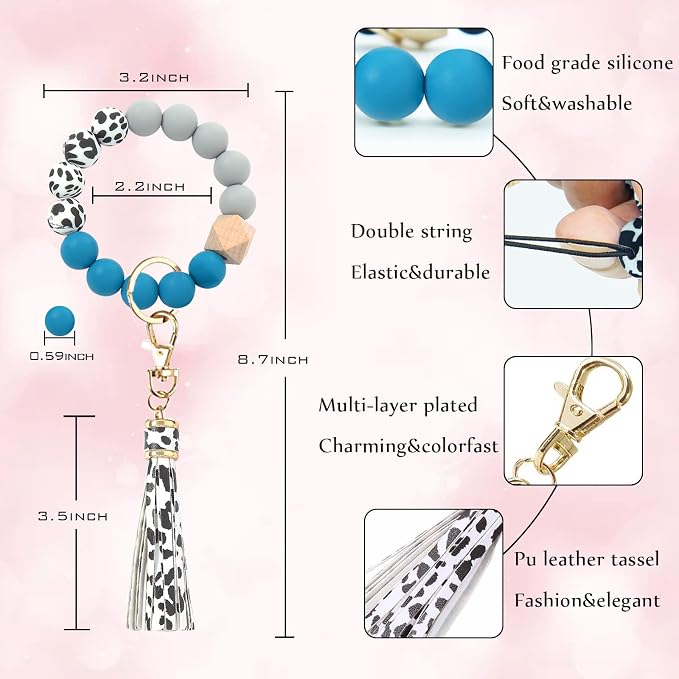 BAOSIWA Silicone Beaded Bracelet Keychain Wristlet Key Ring Bangle Chains for Women with Leather Tassel