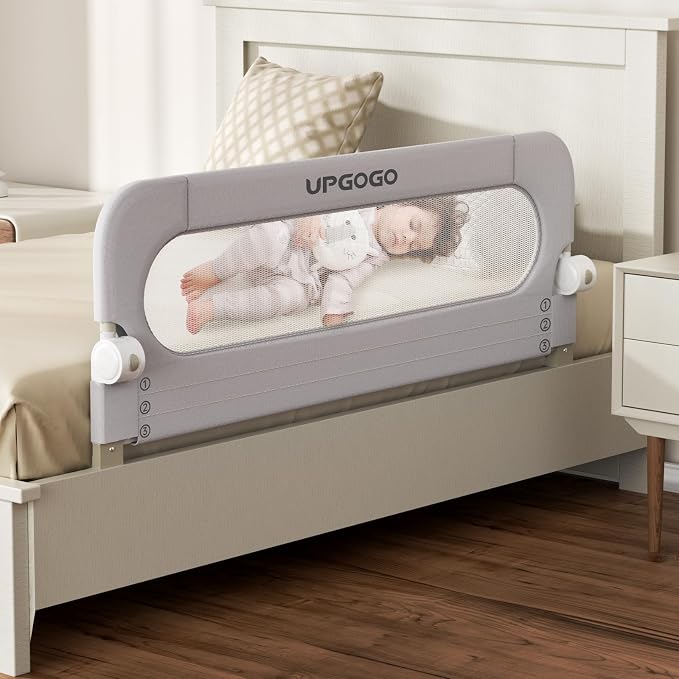 UPGOGO Folding Bed Rail for Toddlers, Grey, 43" L x 23.6" H | U-shaped base，Reinforced Anchors, Built-in Sponge , Secure lock