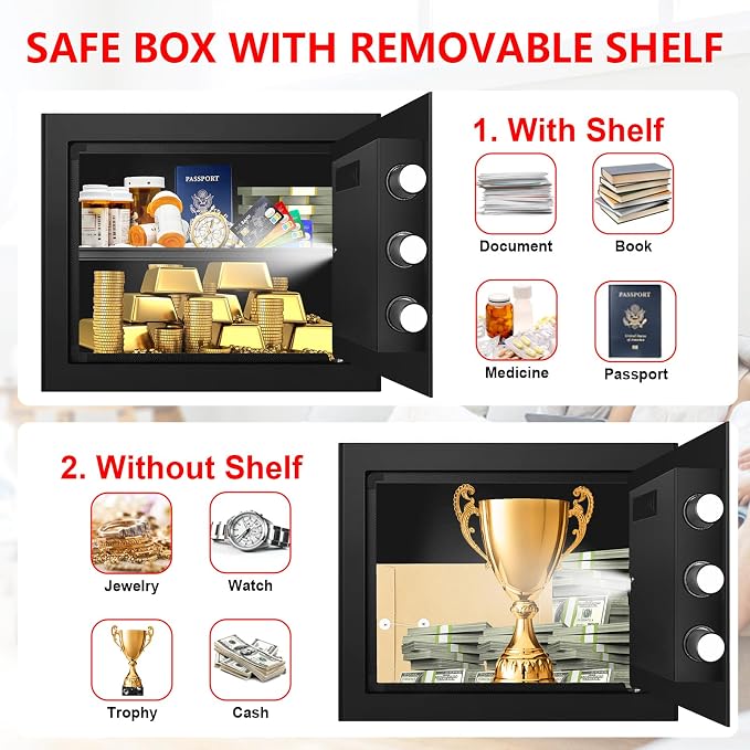 1.3 Cuft Small Fire Safe for Home Use, Anti-theft Fire Proof Safe Box with Digital Keypad, Spare Keys and Removable Shelf, Security Safes Fireproof Waterproof for Document Money Valuables