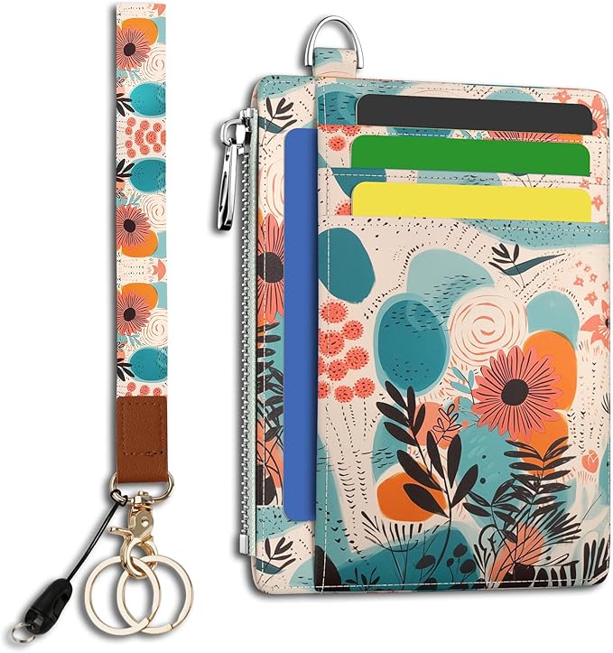 Hancynir Boho Floral Small Wallet Women Credit Card Holder, Wristlet RFID | Cute Keychain Lanyard Wallet, Travel Zipper Coin Pocket, Ladies Gifts Women, Minimalist Card Case, 6 Card Slots, PU Leather