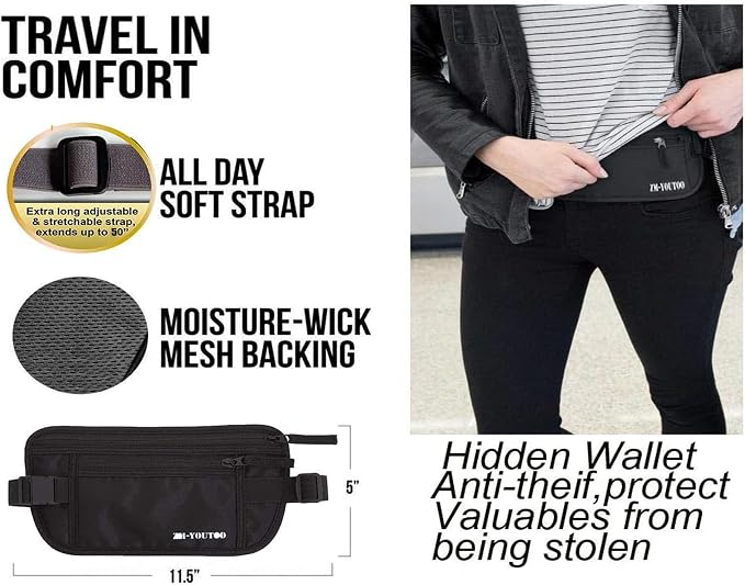 ZM-YOUTOO Money Belt for Travel - Hidden Travel Pouch Protect Your Credit and Money With RFID Blocking Passport Holder Waist Wallet (Black)