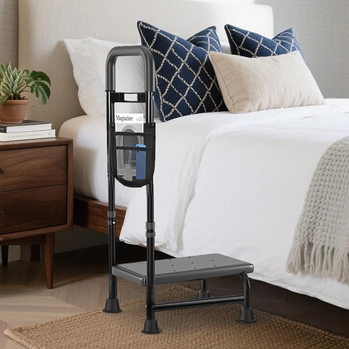 Step Stool with Handle – One Step Foot Stool for Adults, Non-Skid Bed Steps for High Beds, Adjustable Handrail with Night Light & Storage Bag, Safe Step Stool for Seniors & Elderly