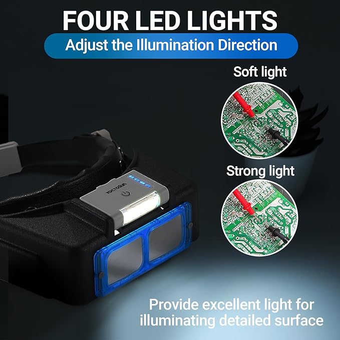 YOCTOSUN Headband Magnifier with 4 Lenses, 4 LED Lights and Storage Case, Magnifying Glasses with Light for Close Work, Hands Free Head Magnifying Visor for Hobby, Jewelers, Crafts