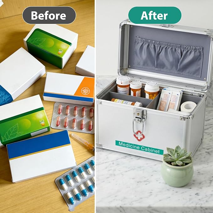 Medicine Lock Box with Keys, 10" x 6.7" x 5.7" First Aid Box, Handle Portable Medication Storage Lock Case, Small Medical Box Organizer Safe Layered Aluminum Daily Medicine Lockable Cabinet