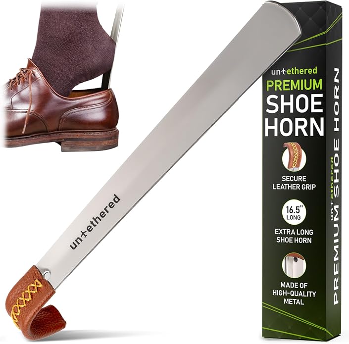 Untethered Long Metal Shoe Horn with Leather Handle | Durable Shoe Spoon for Seniors, Men, Women & Kids | Easy-to-Use Boot & Ski Shoehorn | Sturdy Long Handle Shoehorn.