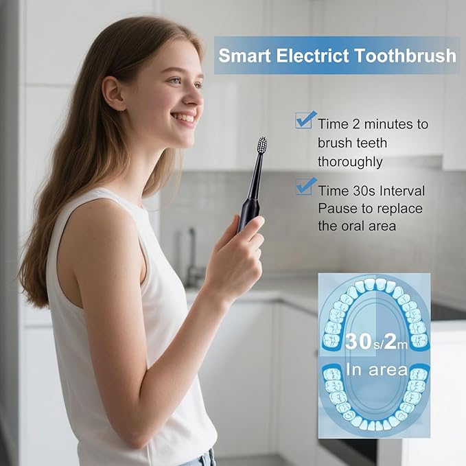 Sonic Electric Toothbrush Set for Adults, 5 Modes Rechargeable Toothbrush with 5 Brush Heads, 50-Day Battery Life, IPX7 Waterproof, 2-Min Smart Timer (Black)