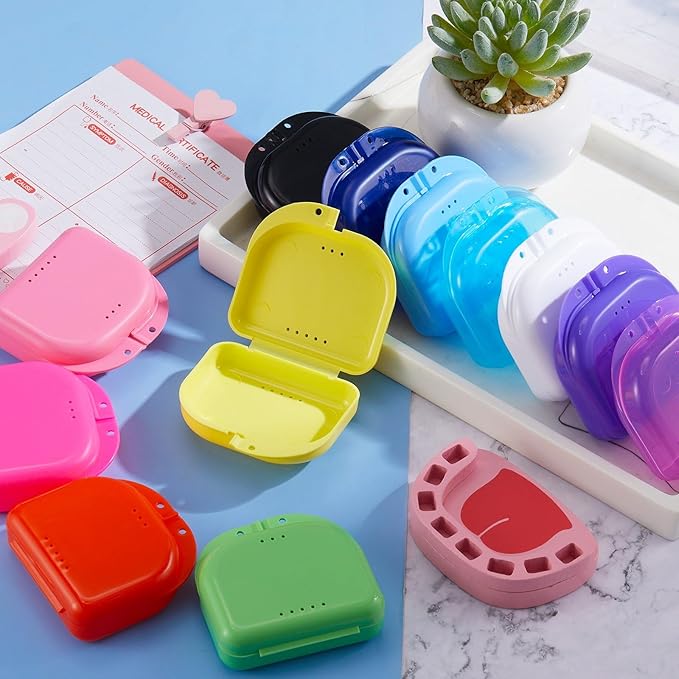 Sherr 120 Pcs Dental Retainer Cases Bulk with Holes 12 Colors Denture Case Mouth Guard Holder False Teeth Container Multicolored Retainer Holder for Travel Office Home