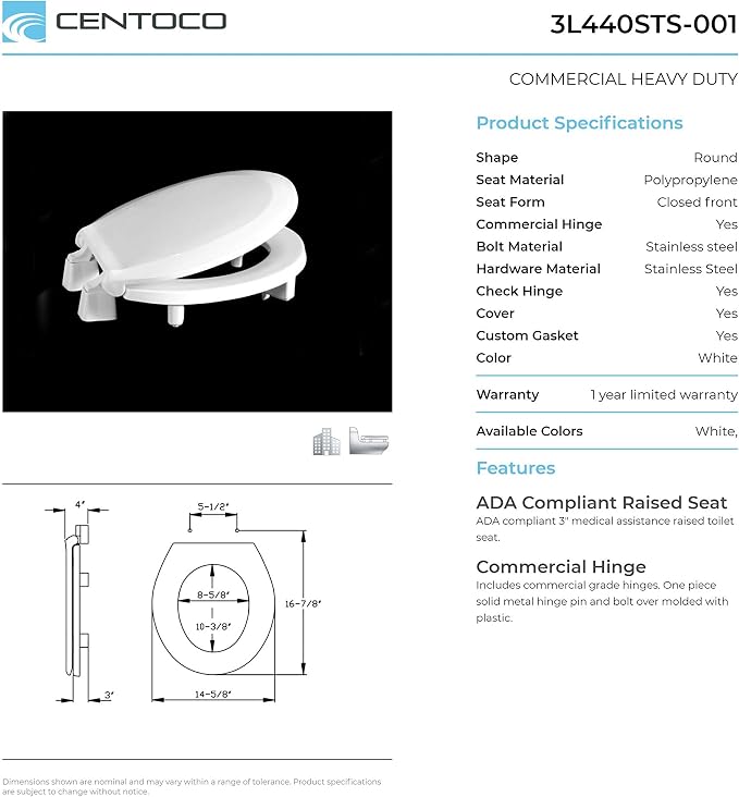 Centoco 3 inch Raised Toilet Seat for Seniors, Round, USA, White | Closed Front, Cover, Plastic, Made in the USA, 3L440STS-001