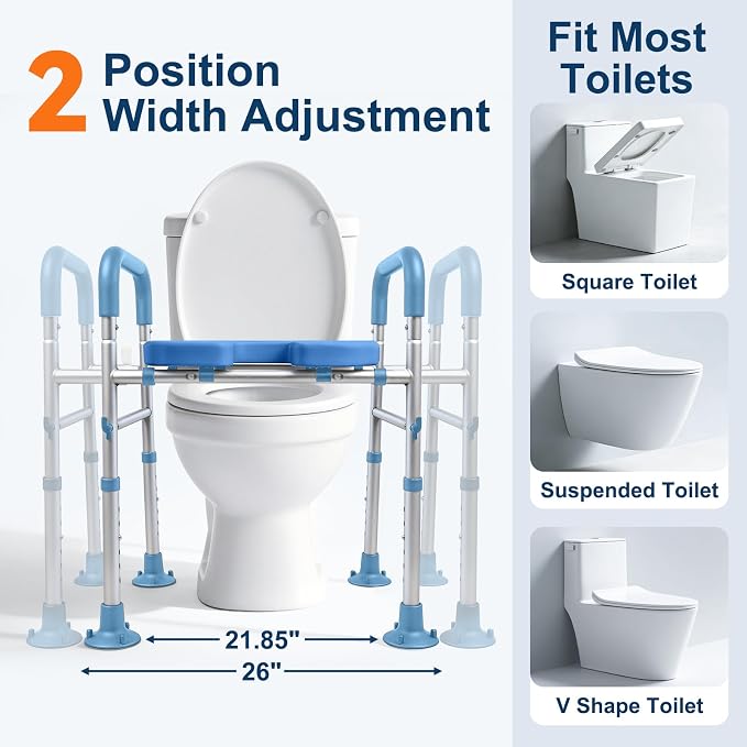 Adjustable Raised Toilet Seat with Handles for Seniors, Blue | 400lbs Capacity Elongated Toilet Seat Riser, Elevated Toilet Seat with Soft Cushion & Removable Armrests