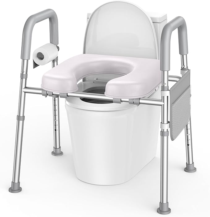 KEKOY Toilet Seat Risers for Seniors, Adjustable Height Width, Fits Most Users | Padded Elevated with Handles, Tool Free Install, Fits Most Round Elongated Toilets for Handicap,Ideal for Bathroom, Grey