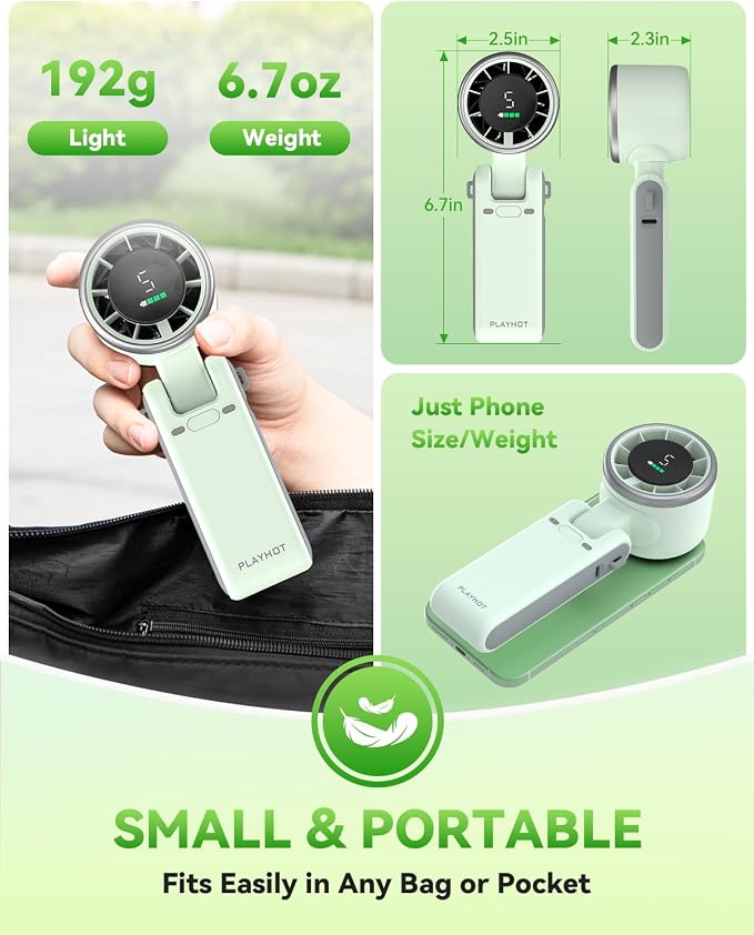 PlayHot Portable Handheld Turbo Fan, Travel Essentials, Gifts for Women/Men | 5-Speed, Up to 12H, 10m/s Airflow, USB-C Rechargeable, LED Display, 3-in-1 Foldable Personal Fan for Cruise, Beach, Vacation