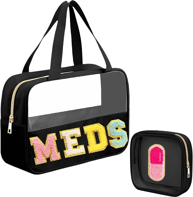 2 Pcs Chenille Letter MEDS Bag Clear Small Medical Medicine bag for Traveling Preppy Emergency Patch Bag with Handle and Zipper Waterproof Nylon Portable Makeup Bag for Women