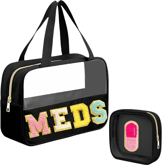 2 Pcs Chenille Letter MEDS Bag Clear Small Medical Medicine bag for Traveling Preppy Emergency Patch Bag with Handle and Zipper Waterproof Nylon Portable Makeup Bag for Women
