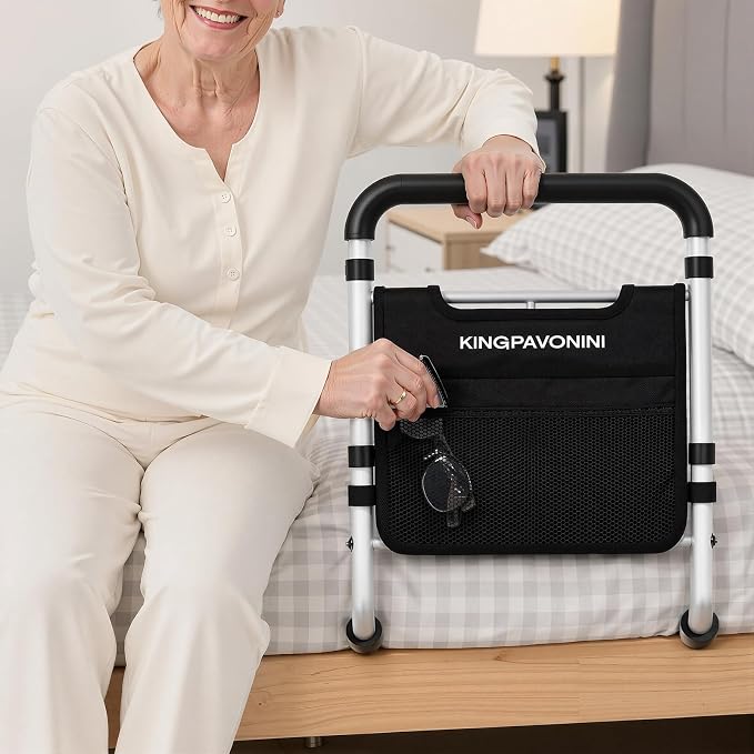 KingPavonini Bed Rails for Elderly Adults Safety, 380 LBS, Model BM03-1 | ASTM Approved, 2026 Upgraded Adjustable Bed Cane, Non-Slip Ergonomic Handle & Storage Bag, Tool-Free Bed Railings for Seniors