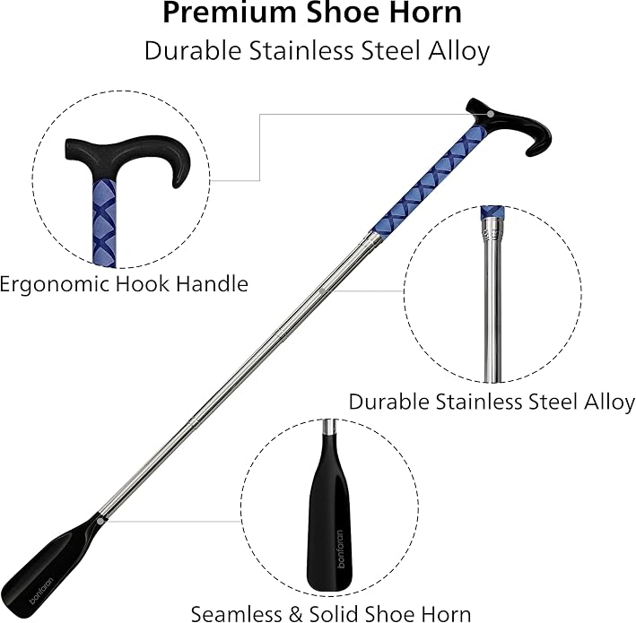 Shoe Horn Long Handle for Seniors, Telescopic Stainless Steel | Long Shoe Horn, 14"-35" Adjustable Length, One-Pull Extension, Matte Finish, Reduced Wobble, No-Bend Shoe Helper