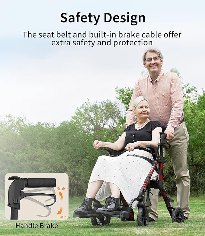 VOCIC Walkers for Seniors, Wheelchairs for Adults, Rollator Walker with Seat, 2 in 1 Rollator Transport Chair with Brakes, Rollator Lightweight Foldable, Walker Wheelchair Combo