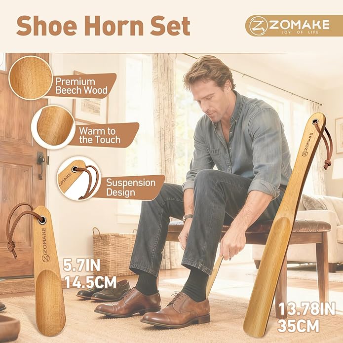 ZOMAKE Shoe Horn Long Handle for Seniors Men Women, Wooden Long Shoehorn Boot Horn, Travel Small Wood Shoe Spoon for Kids