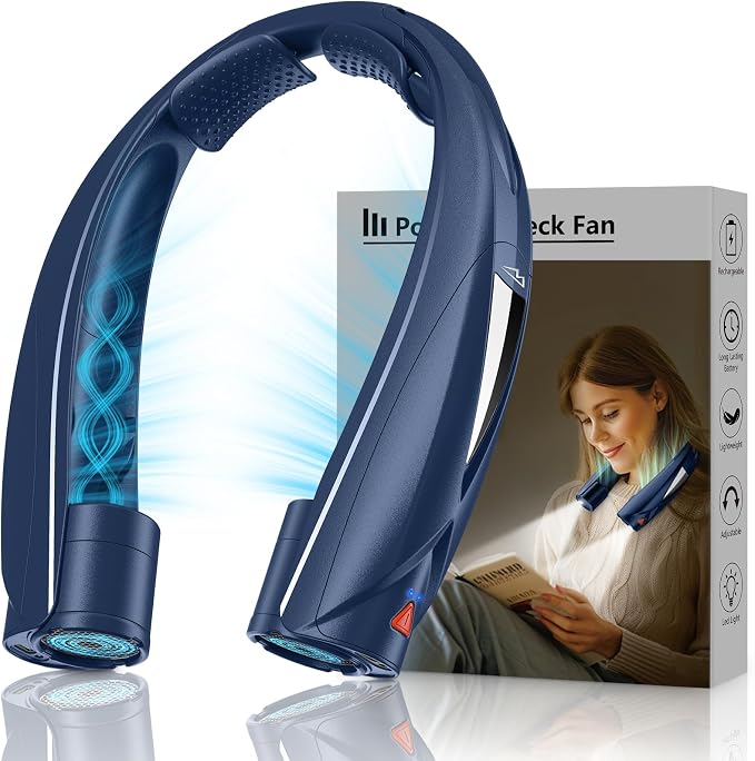 Laimiod Hand Free Portable Neck Fan with LED Book Light for Men & Women | Comfortable Silicone Made, 6-20 Hours Long Lasting, 6 Adjustable Speeds, Ultra Quiet Personal Neck Cooler for Indoor Outdoor